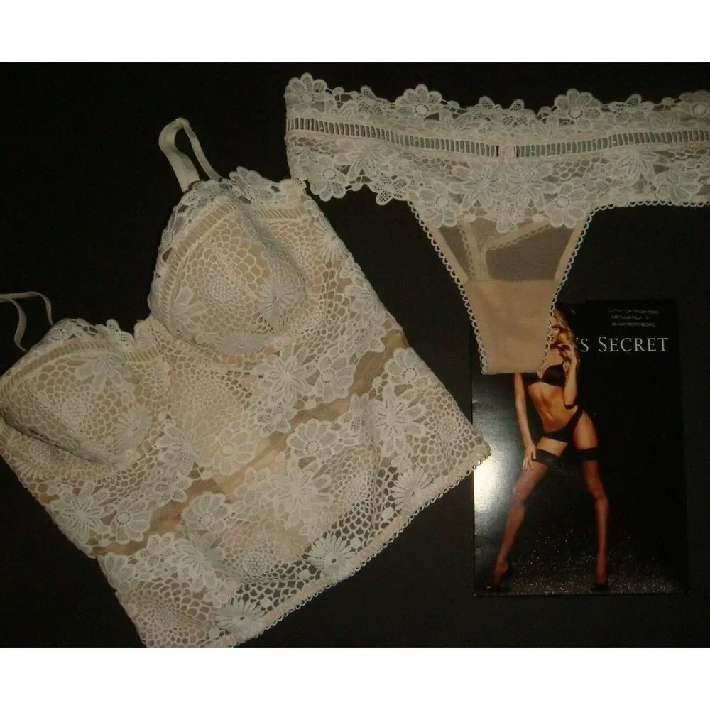 Victoria's Secret 32C,34C,36C,36D CORSET+thong Beige White embroidered BRIDAL - Picture 1 of 5